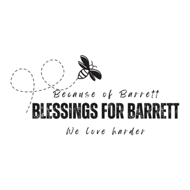 Stylized bee with a dotted looping flight path above bold text reading "Blessings for Barrett."