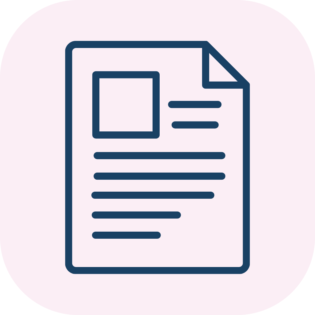 Stylized document icon with folded top-right corner, blue outline showing a square image and horizontal text lines on a pale pink rounded background