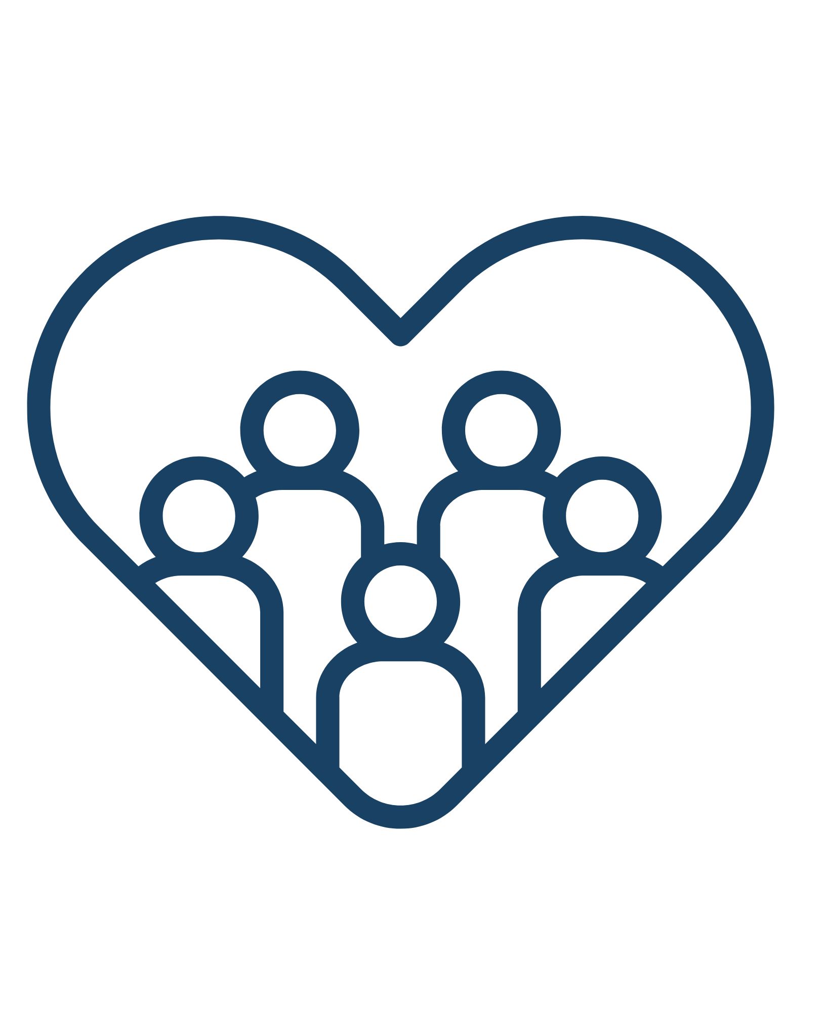 Heart-shaped dark-blue outline containing five simplified person icons, symbolizing family or community.