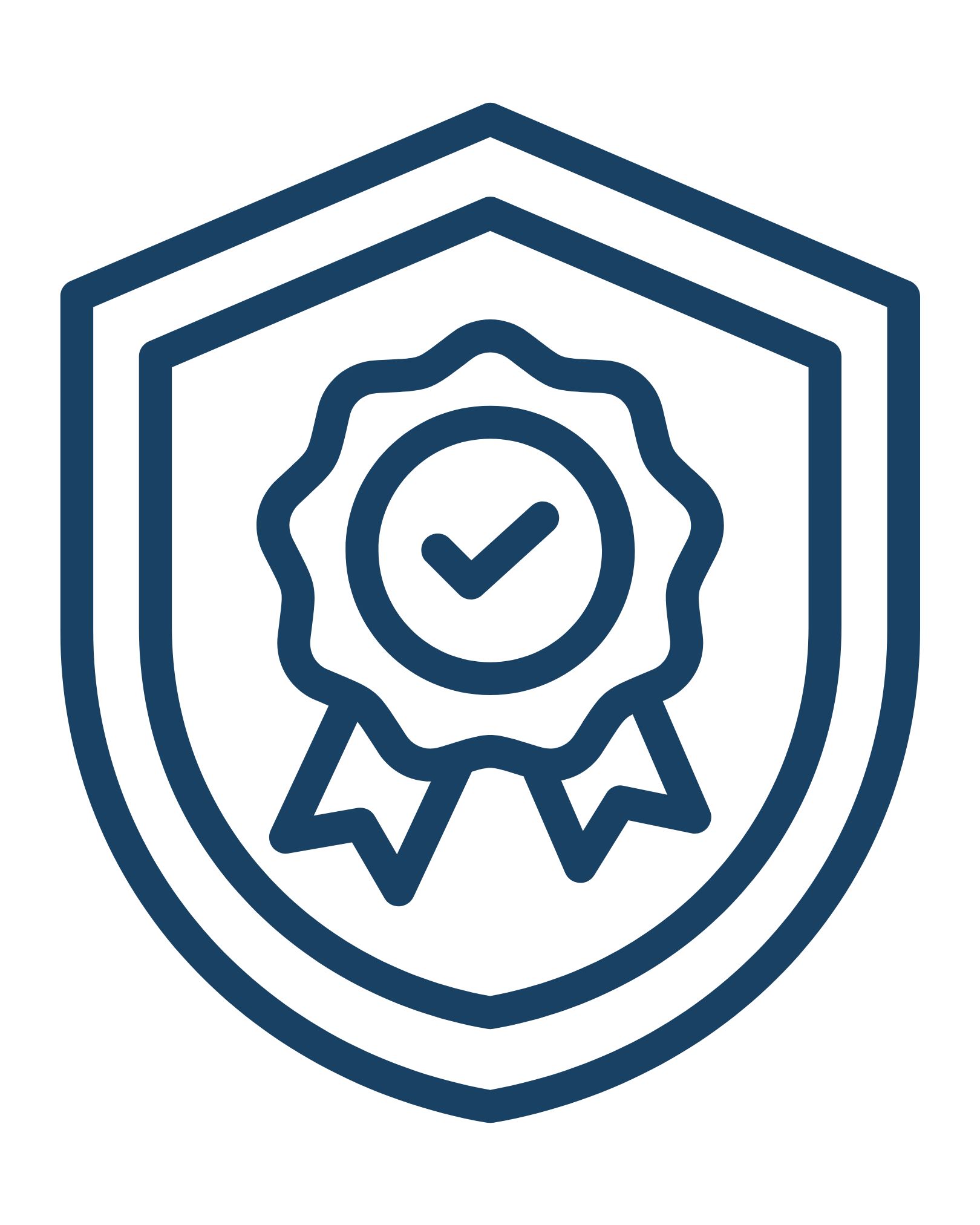 Shield-shaped emblem with ribbon rosette and central checkmark symbolizing quality and approval.