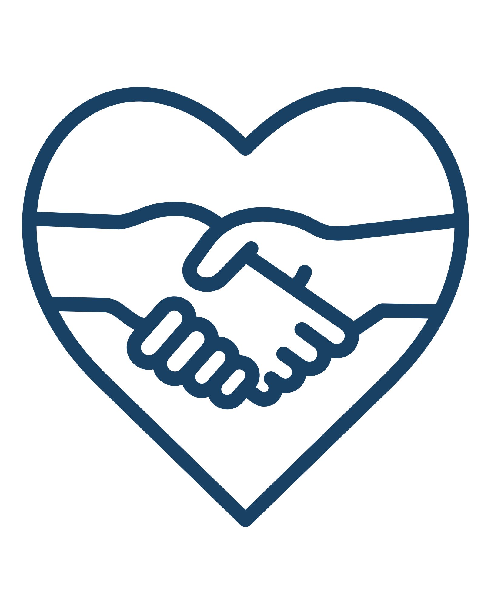 Blue outline heart containing two hands clasped in a handshake, simple line-art icon.