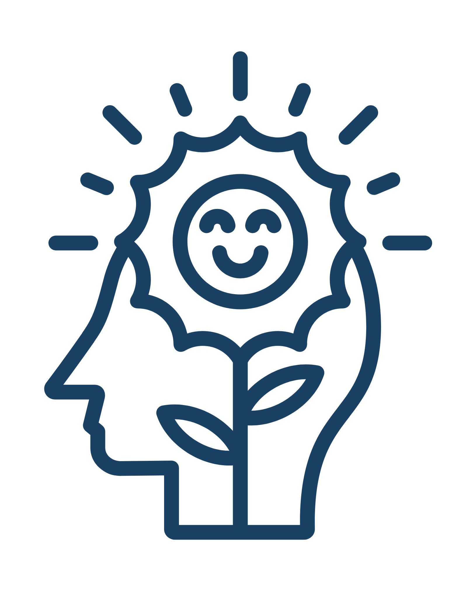 Outline of a head with a plant growing inside, topped by a smiling sun emitting rays, symbolizing mental growth.