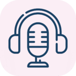 Retro microphone with over-ear headphones icon in dark blue on a pale pink rounded-square background.