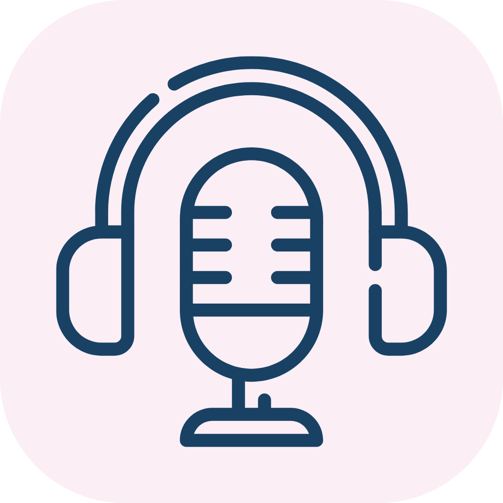 Retro microphone with over-ear headphones icon in dark blue on a pale pink rounded-square background.
