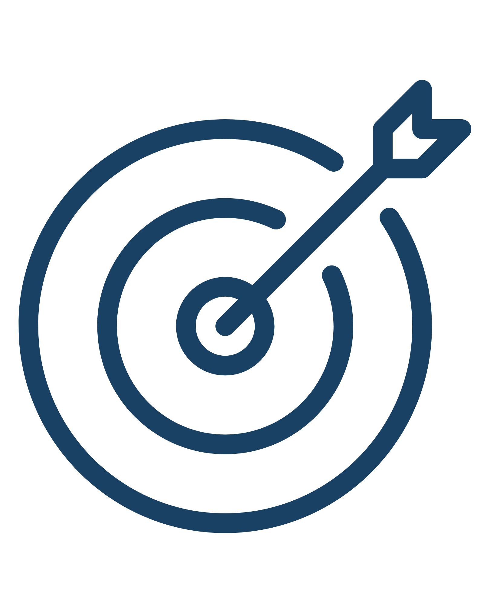 Concentric target with an arrow hitting the bullseye, navy blue line art on a white background.