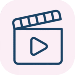 Clapperboard icon with play button inside, dark blue outline on a pale pink rounded-square background
