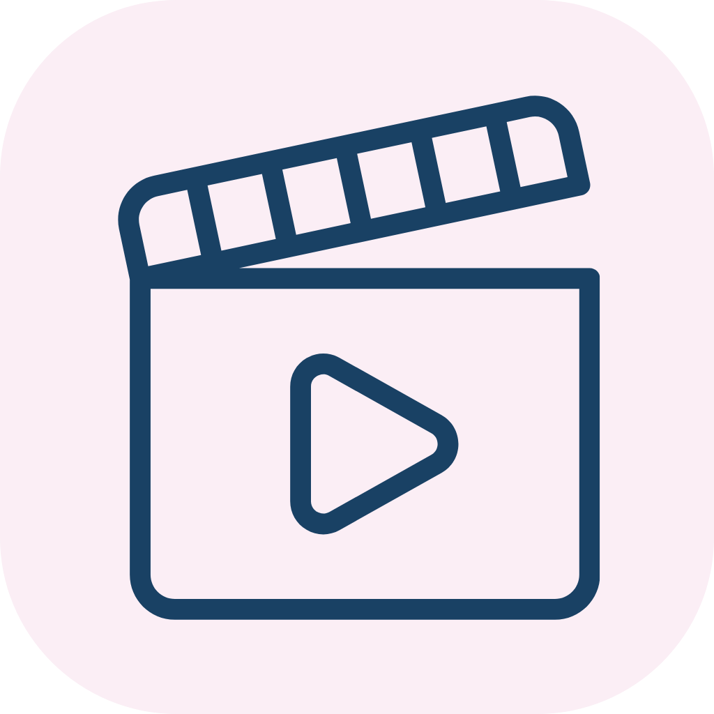 Clapperboard icon with play button inside, dark blue outline on a pale pink rounded-square background